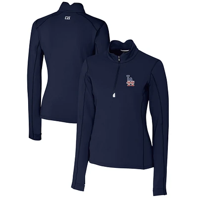 Women's Cutter & Buck Navy Los Angeles Dodgers Americana Logo DryTec Traverse Stretch Quarter-Zip Pullover Top
