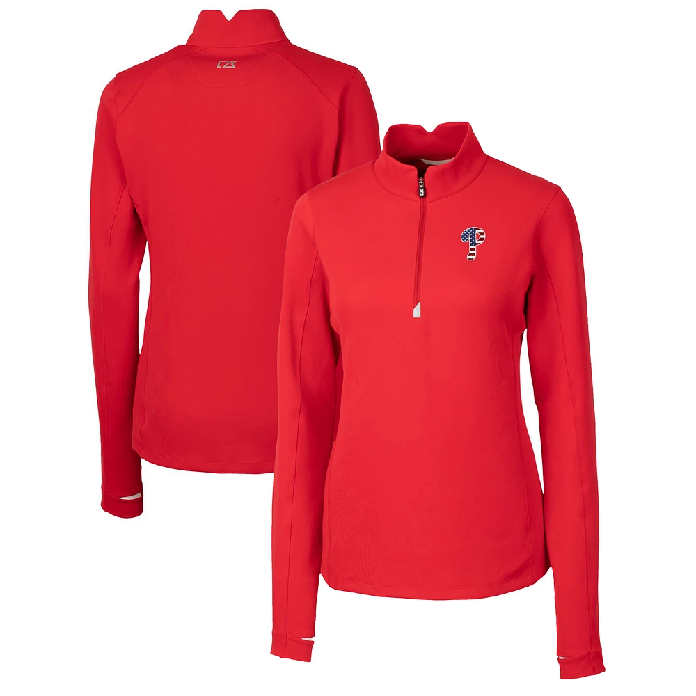 Women's Cutter & Buck Red Philadelphia Phillies Americana Logo DryTec Traverse Stretch Quarter-Zip Pullover Top