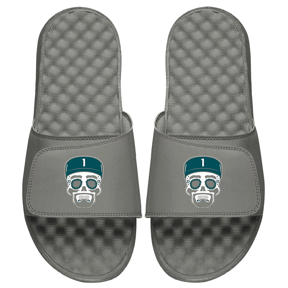 Youth ISlide x BreakingT Jalen Hurts Gray NFLPA Sugar Skull Slide Sandals