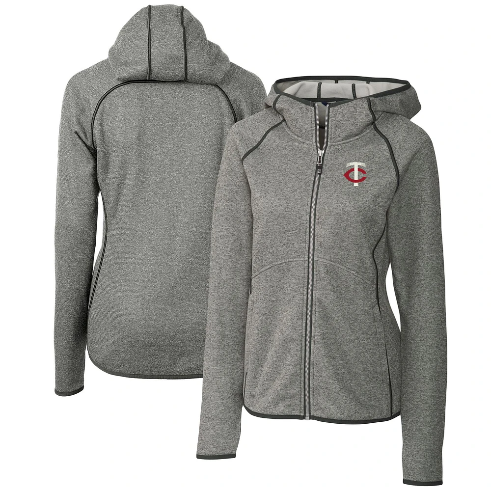 Women's Cutter & Buck Heather Gray Minnesota Twins Mainsail Sweater Knit Full-Zip Hoodie