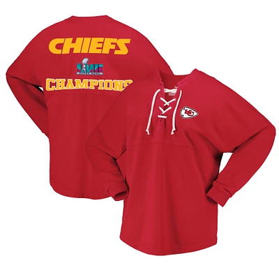 Women's Fanatics Red Kansas City Chiefs Super Bowl LVII Champions Lace-Up Long Sleeve T-Shirt