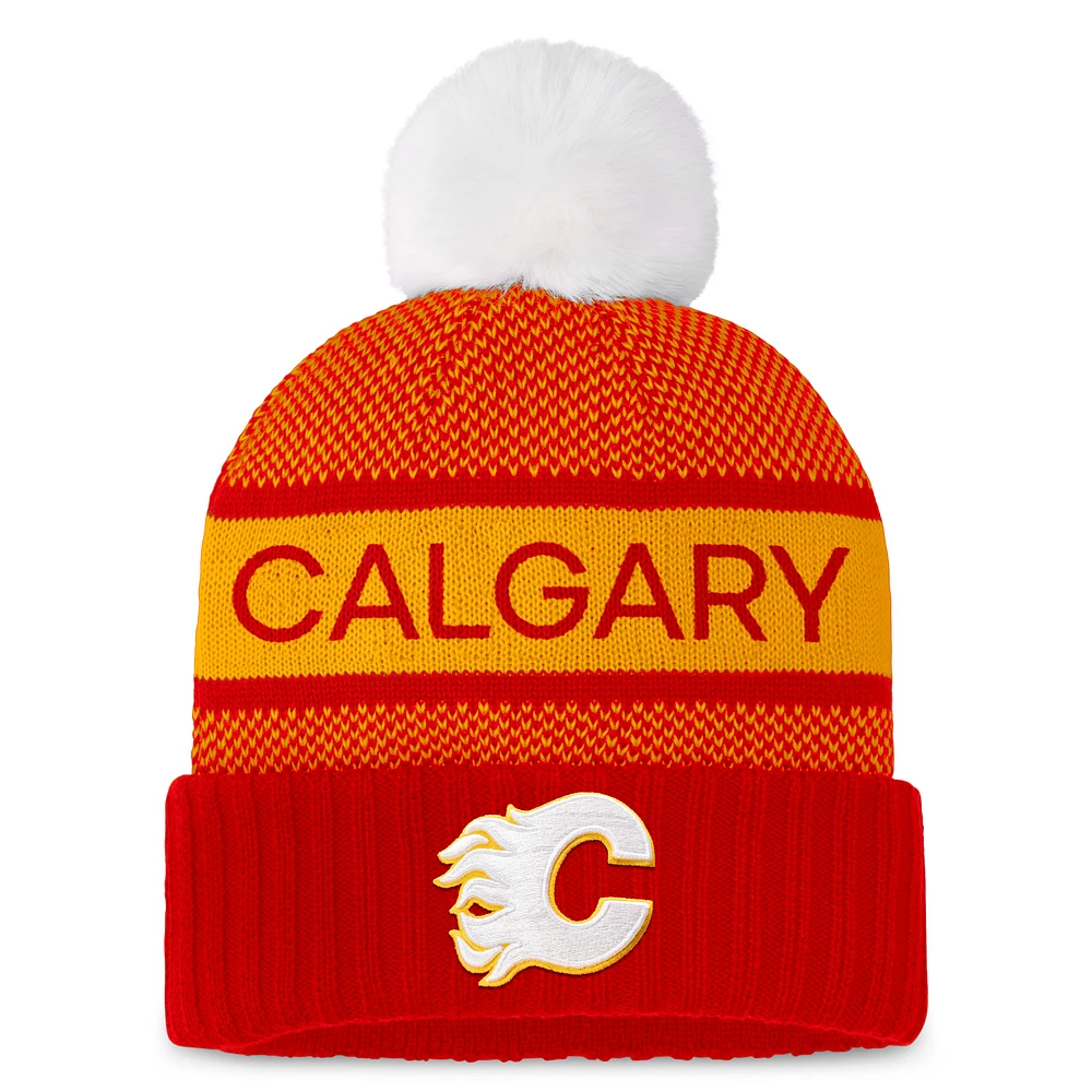 Women's Fanatics Red/Yellow Calgary Flames Authentic Pro Rink Cuffed Knit Hat with Pom