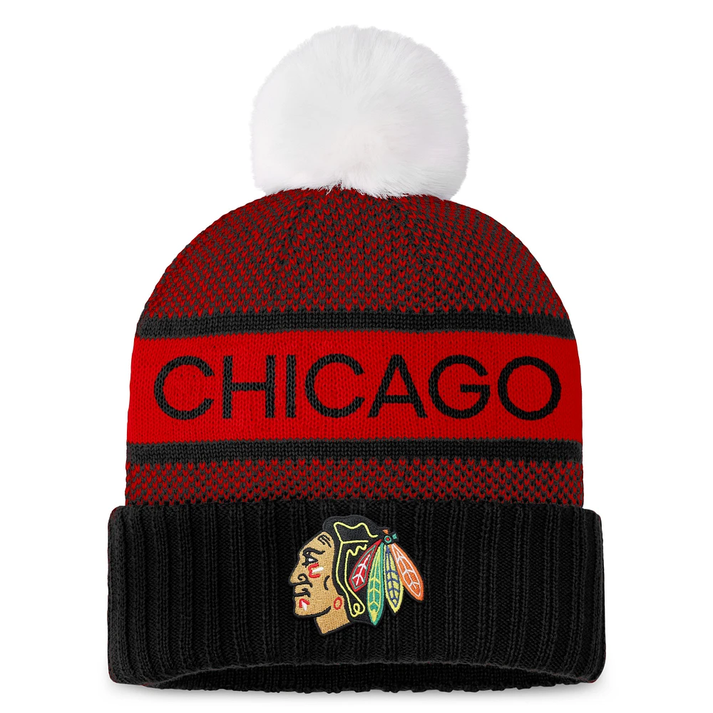 Women's Fanatics Black/Red Chicago Blackhawks Authentic Pro Rink Cuffed Knit Hat with Pom