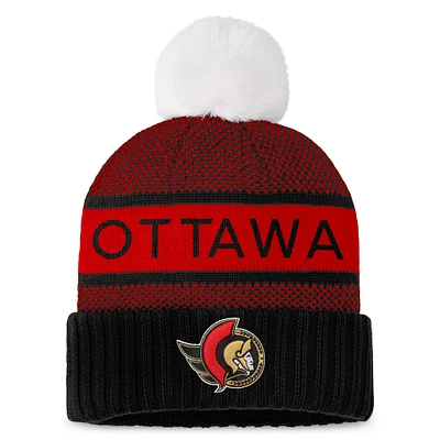 Women's Fanatics Black/Red Ottawa Senators Authentic Pro Rink Cuffed Knit Hat with Pom