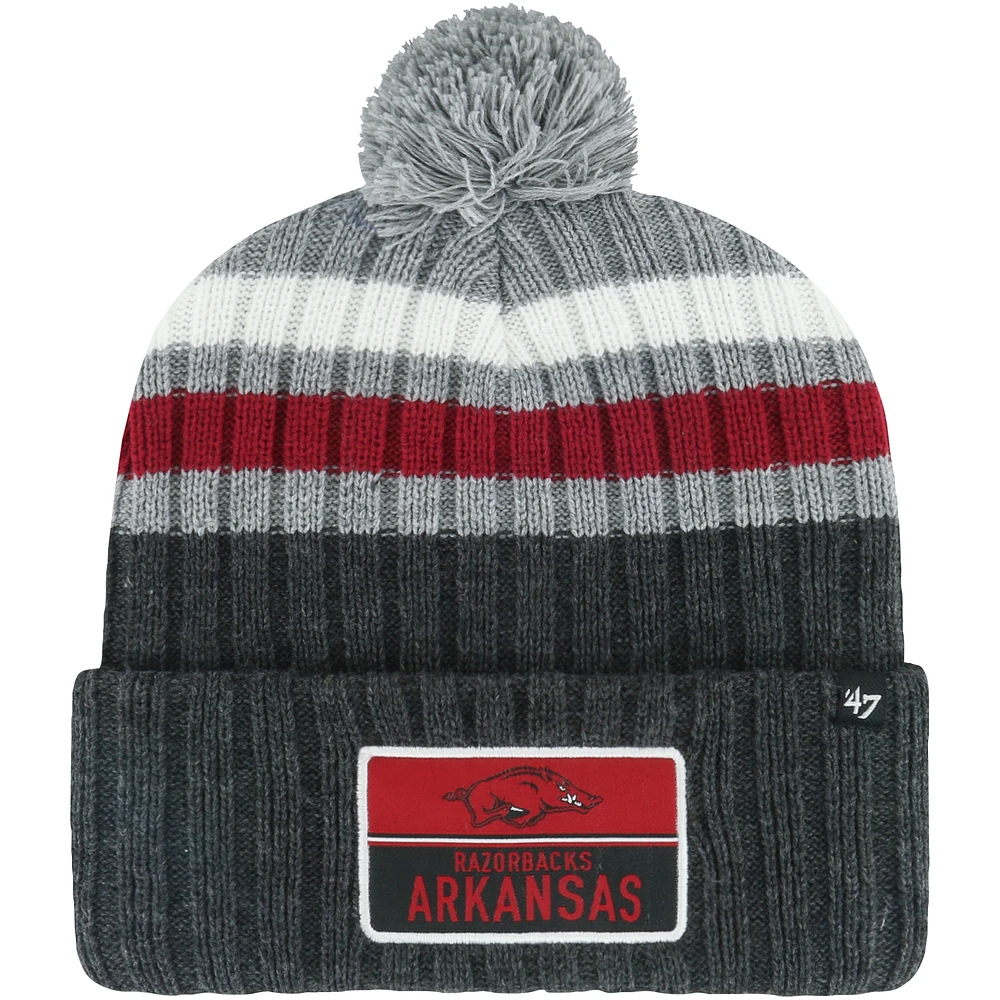 Men's '47 Charcoal Arkansas Razorbacks Stack Striped Cuffed Knit Hat with Pom