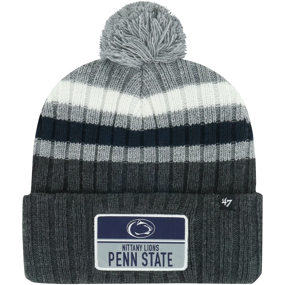 Men's '47 Charcoal Penn State Nittany Lions Stack Striped Cuffed Knit Hat with Pom
