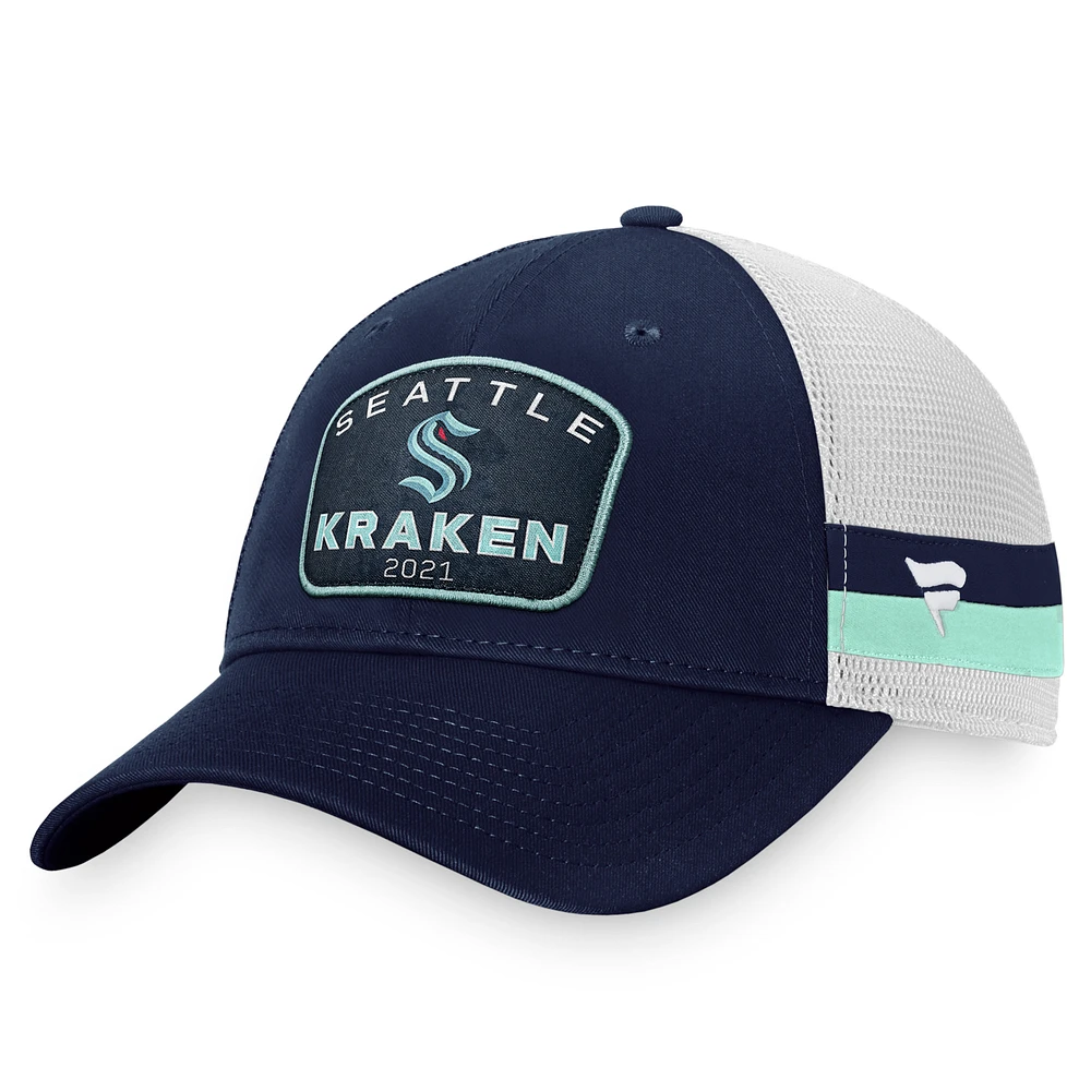 Men's Fanatics Deep Sea Blue/White Seattle Kraken Fundamental Striped Trucker Adjustable Hat