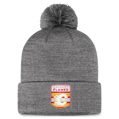 Men's Fanatics Gray Calgary Flames Authentic Pro Home Ice Cuffed Knit Hat with Pom