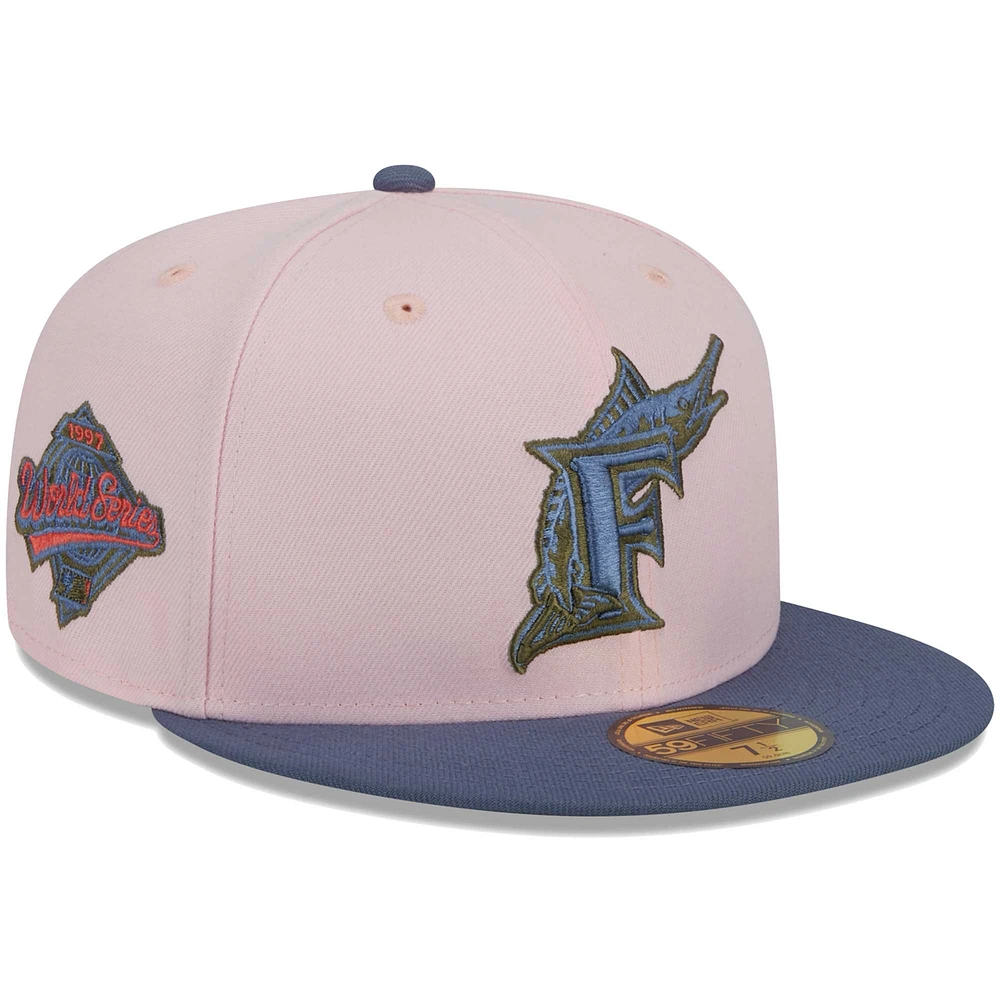 Men's New Era Pink/Blue Florida Marlins Cooperstown Collection Olive Undervisor 59FIFTY Fitted Hat