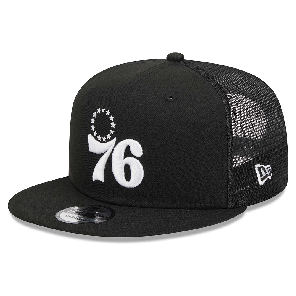 Men's New Era Black Philadelphia 76ers 9FIFTY Snapback Trucker Hat