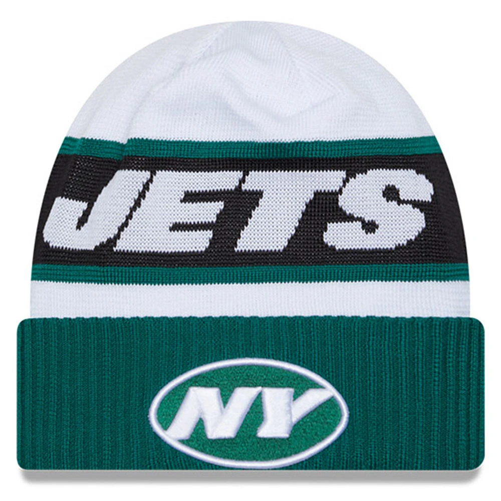 Men's New Era White/Green New York Jets 2023 Sideline Tech Cuffed Knit Hat