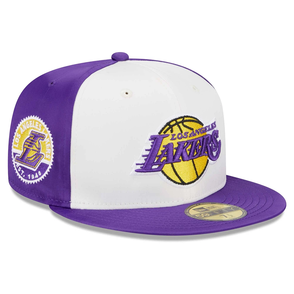 Men's New Era White Los Angeles Lakers Throwback Satin 59FIFTY Fitted Hat