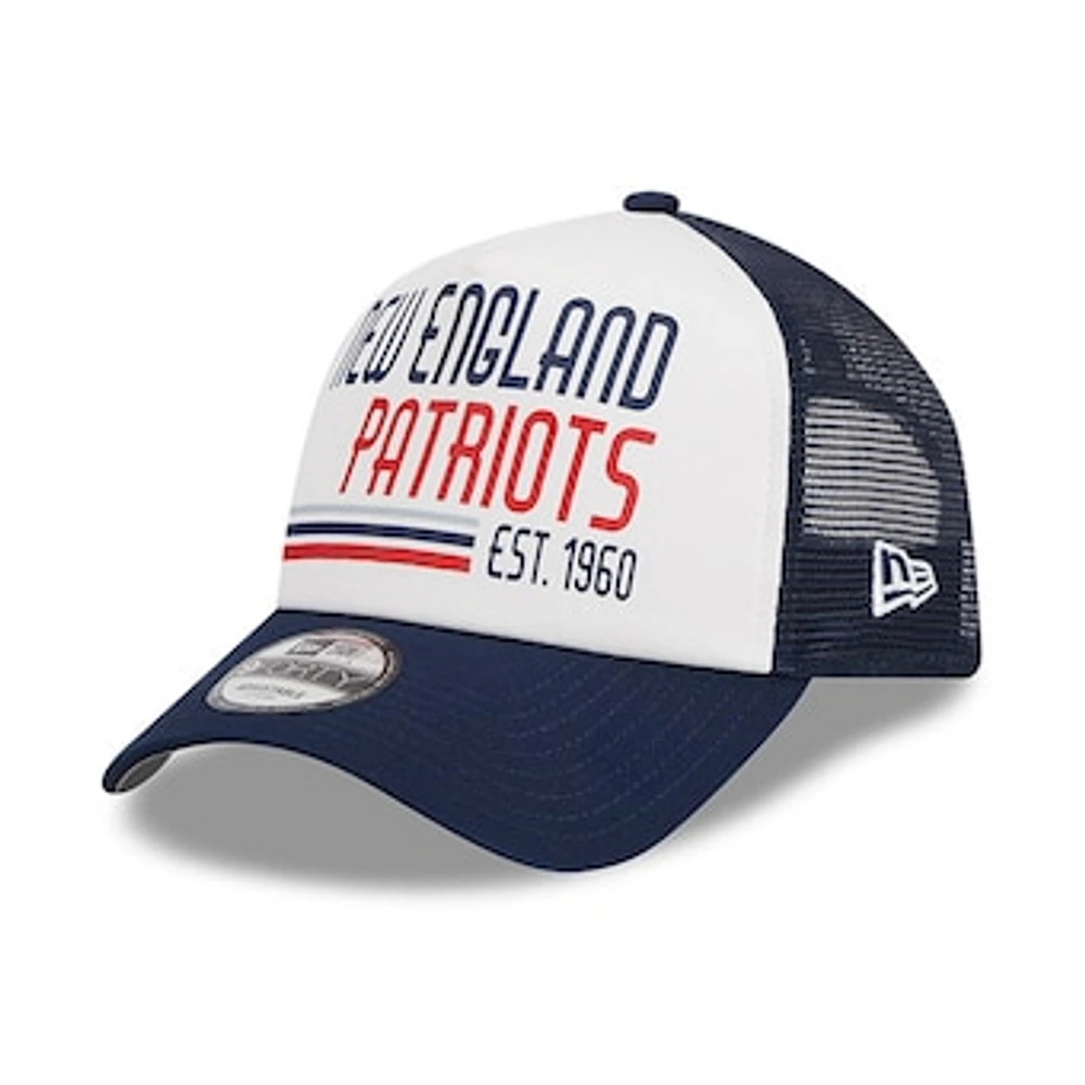 Men's New Era White/Navy New England Patriots Stacked A-Frame Trucker 9FORTY Adjustable Hat