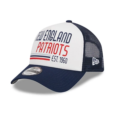 Men's New Era White/Navy New England Patriots Stacked A-Frame Trucker 9FORTY Adjustable Hat