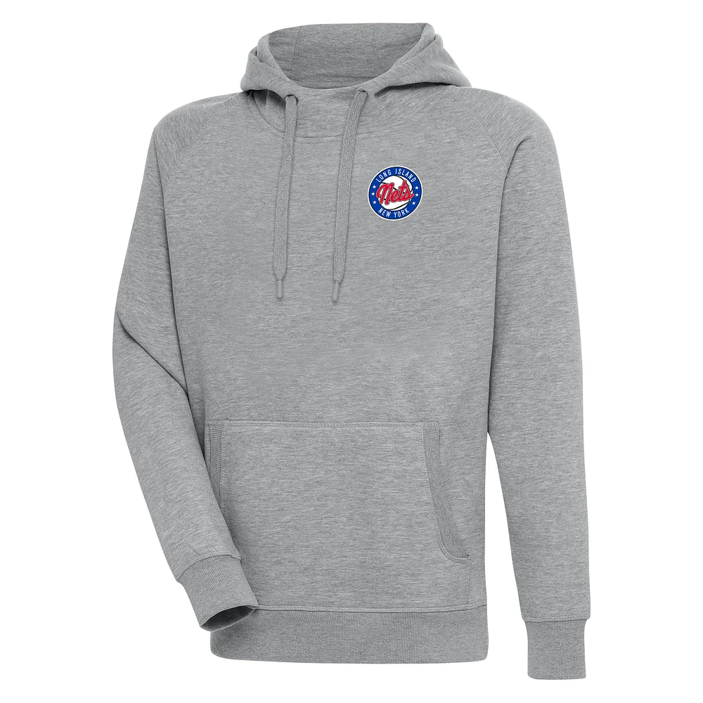 Men's Antigua Heather Gray Long Island Nets Victory Pullover Hoodie