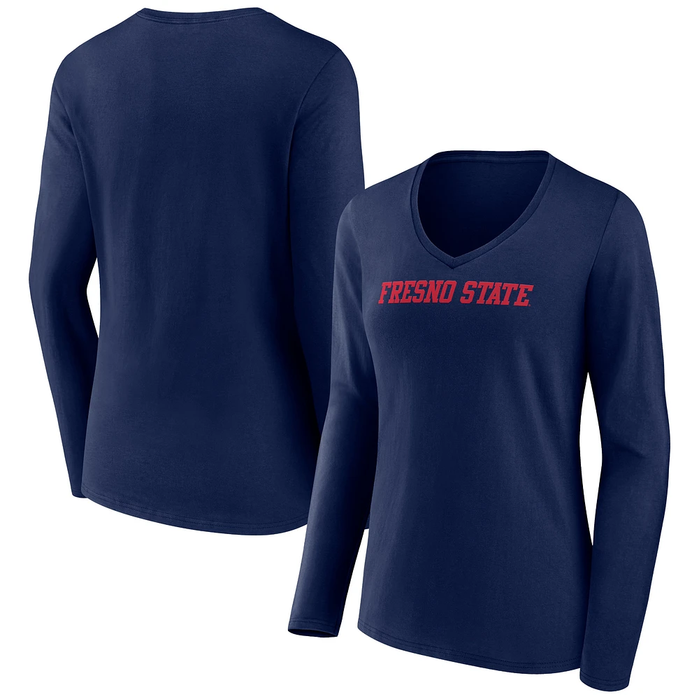 Women's Navy Fresno State Bulldogs Basic Arch Long Sleeve V-Neck T-Shirt