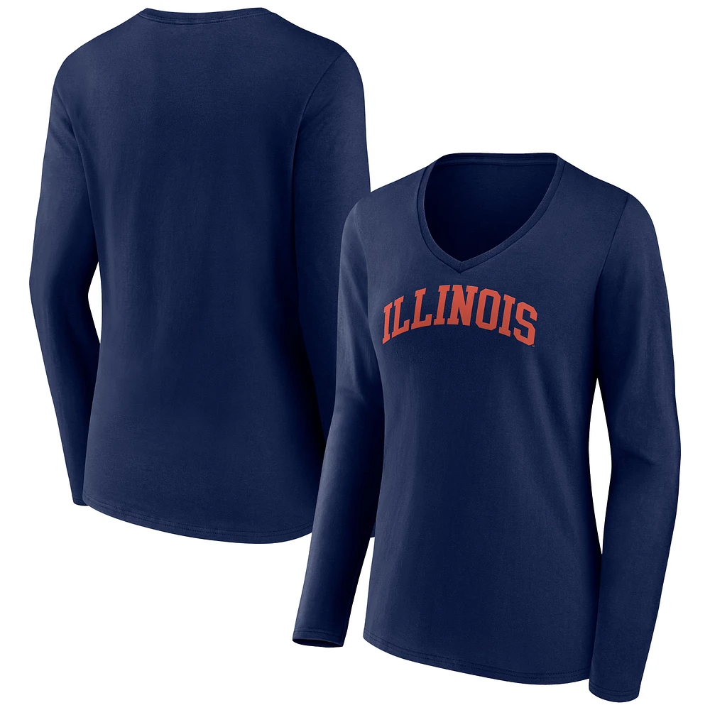Women's Navy Illinois Fighting Illini Basic Arch Long Sleeve V-Neck T-Shirt