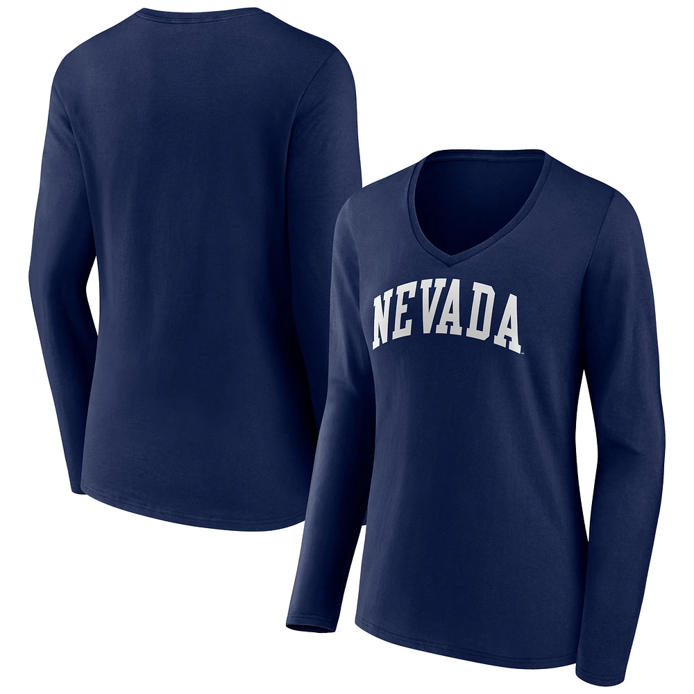 Women's Navy Nevada Wolf Pack Basic Arch Long Sleeve V-Neck T-Shirt