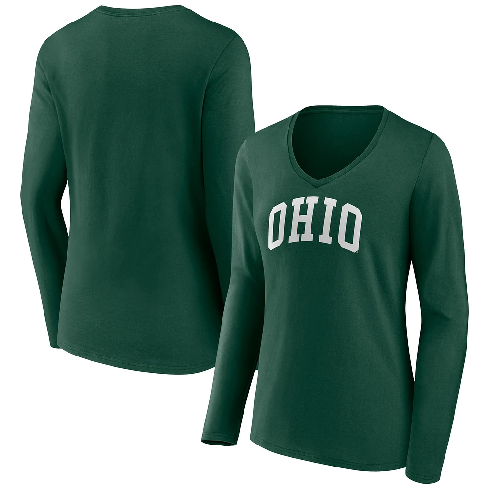 Women's Green Ohio Bobcats Basic Arch Long Sleeve V-Neck T-Shirt