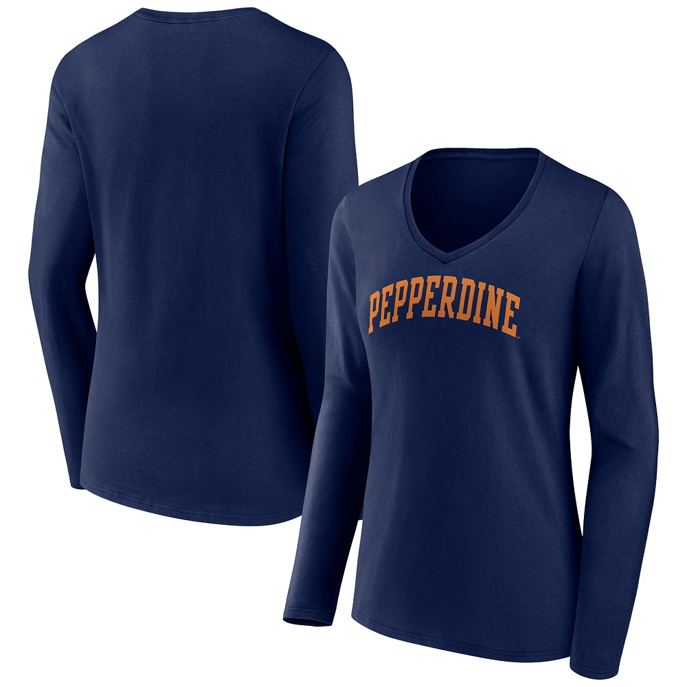 Women's Navy Pepperdine Waves Basic Arch Long Sleeve V-Neck T-Shirt