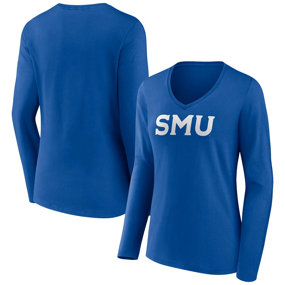 Women's Royal SMU Mustangs Basic Arch Long Sleeve V-Neck T-Shirt