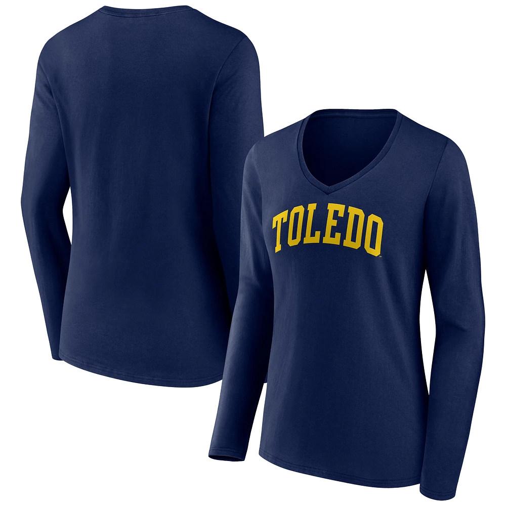 Women's Navy Toledo Rockets Basic Arch Long Sleeve V-Neck T-Shirt