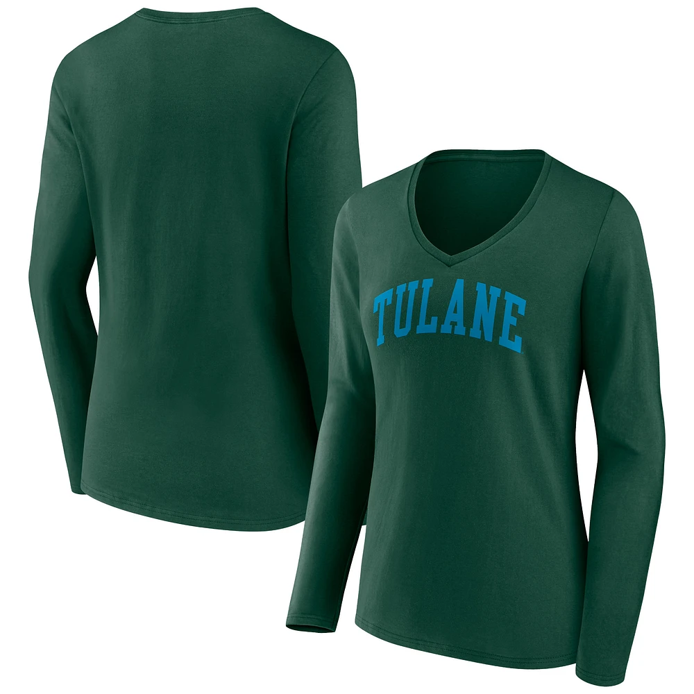 Women's Green Tulane Green Wave Basic Arch Long Sleeve V-Neck T-Shirt