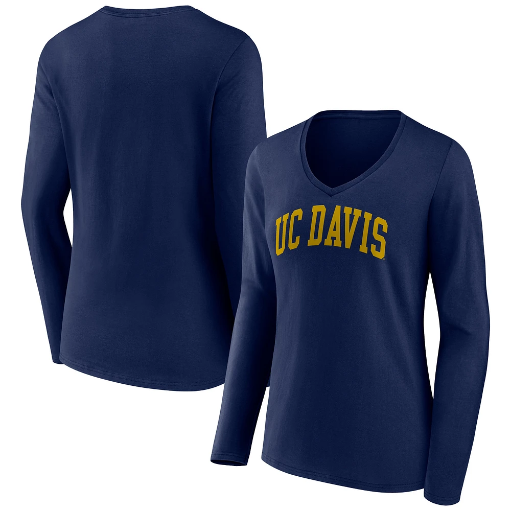 Women's Navy UC Davis Aggies Basic Arch Long Sleeve V-Neck T-Shirt