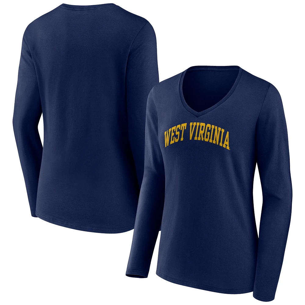 Women's Navy West Virginia Mountaineers Basic Arch Long Sleeve V-Neck T-Shirt