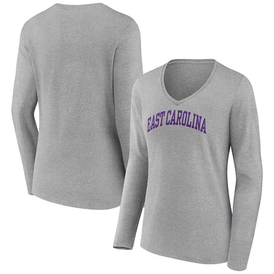 Women's Gray ECU Pirates Basic Arch Long Sleeve V-Neck T-Shirt