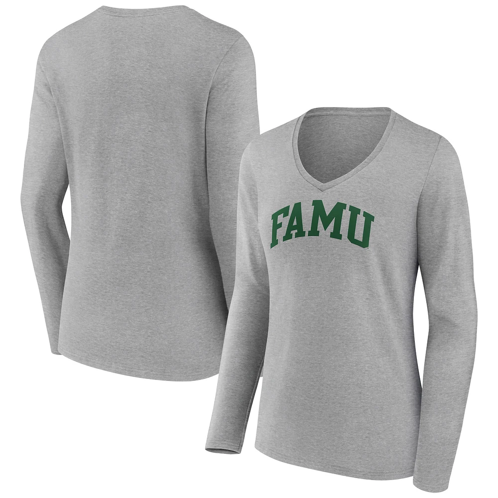 Women's Gray Florida A&M Rattlers Basic Arch Long Sleeve V-Neck T-Shirt