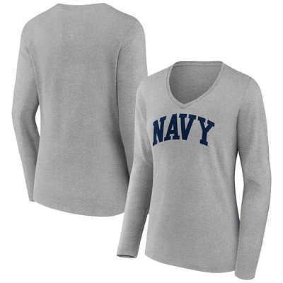 Women's Gray Navy Midshipmen Basic Arch Long Sleeve V-Neck T-Shirt