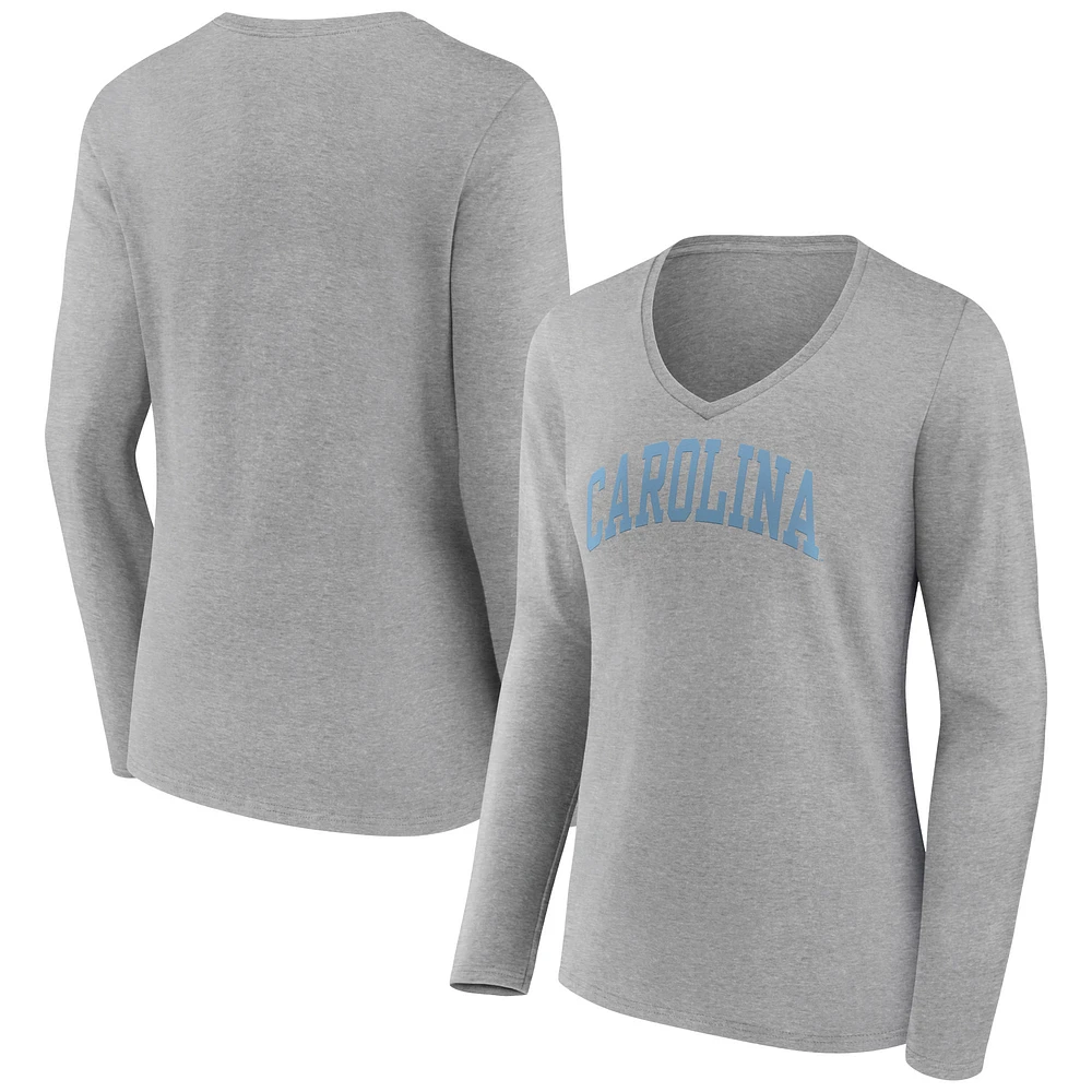 Women's Gray North Carolina Tar Heels Basic Arch Long Sleeve V-Neck T-Shirt