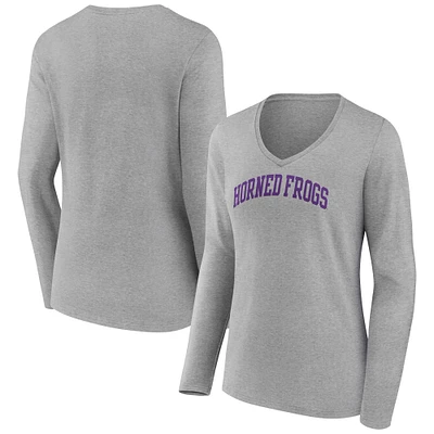 Women's Gray TCU Horned Frogs Basic Arch Long Sleeve V-Neck T-Shirt