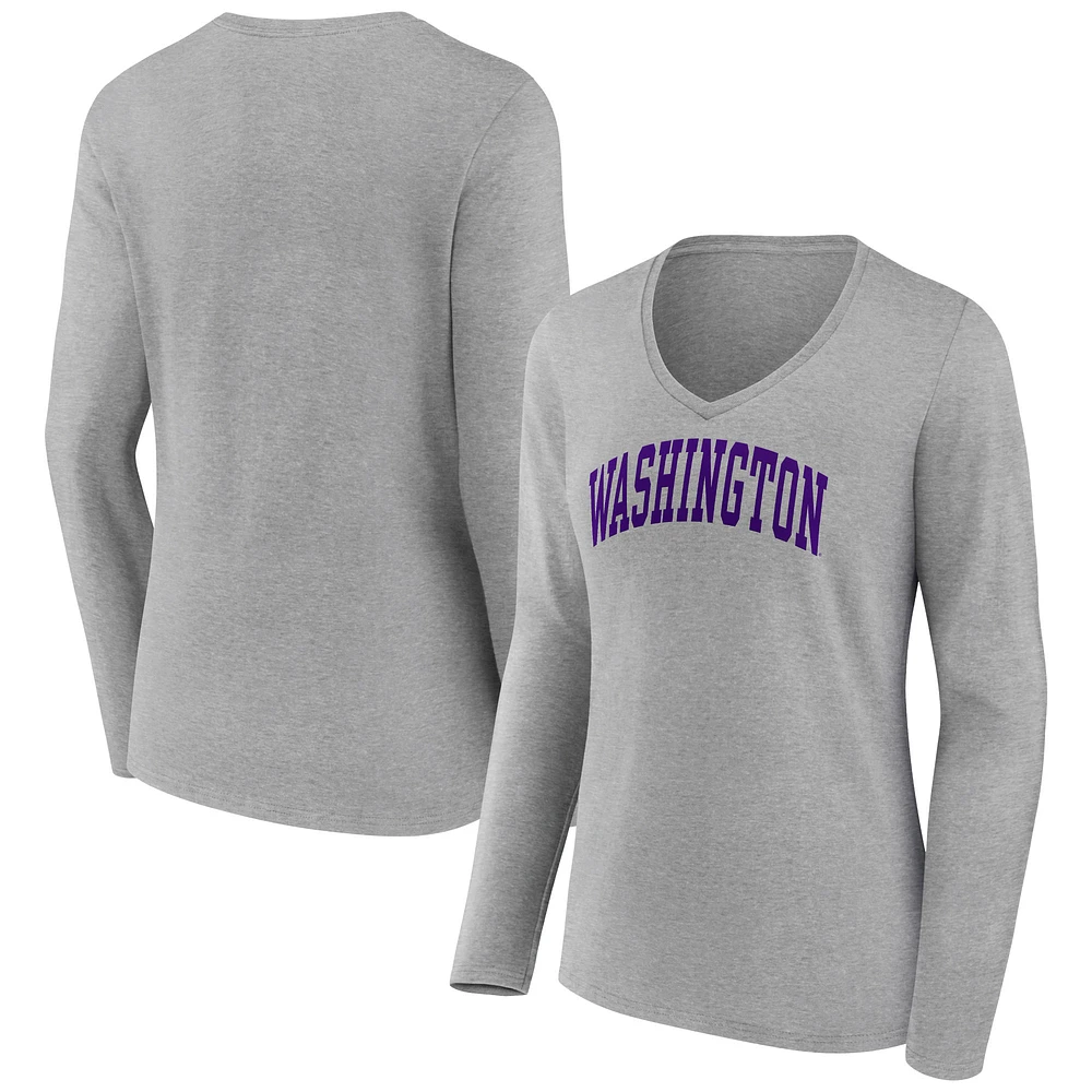 Women's Gray Washington Huskies Basic Arch Long Sleeve V-Neck T-Shirt
