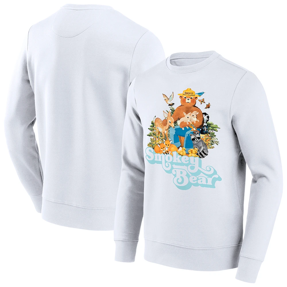 Men's White Smokey Bear Retro Fade Pullover Sweatshirt