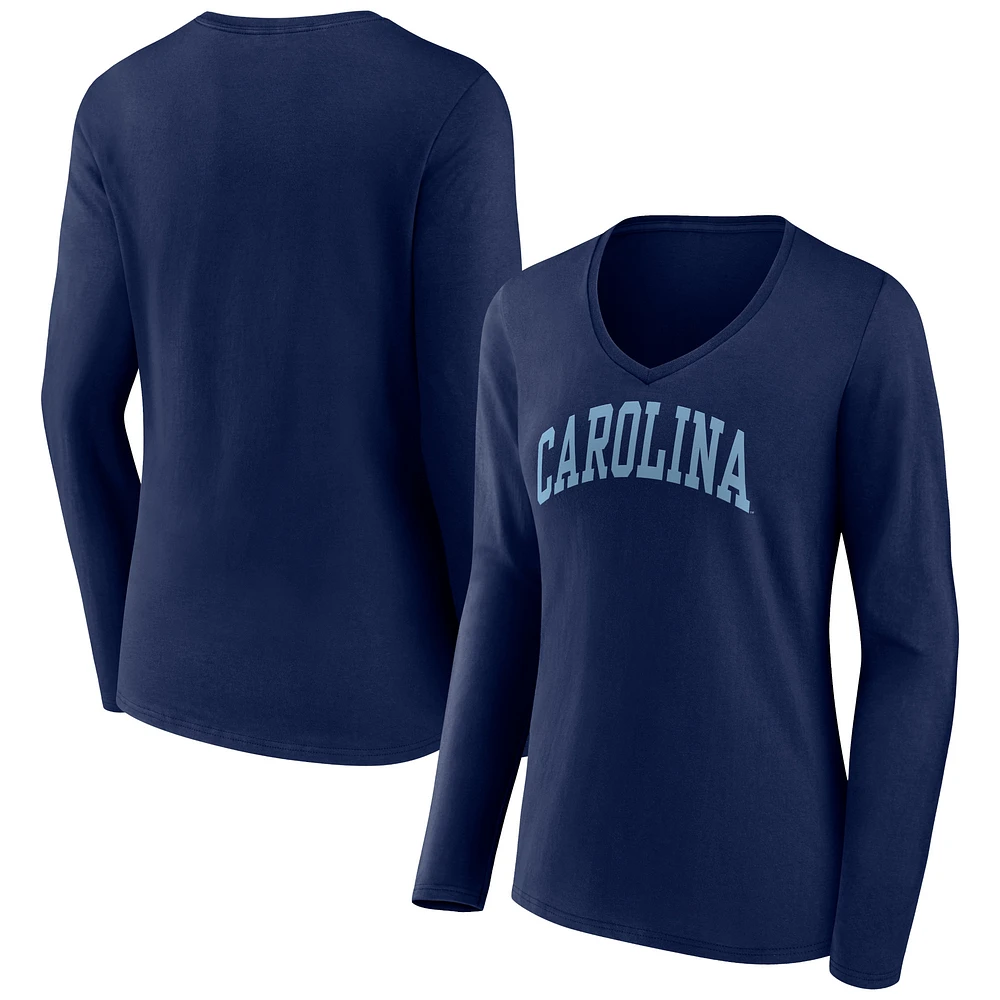 Women's Navy North Carolina Tar Heels Basic Arch Long Sleeve V-Neck T-Shirt