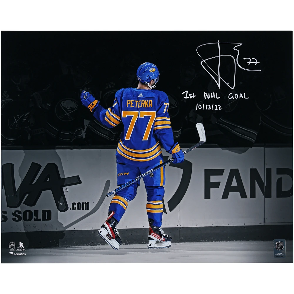 JJ Peterka Buffalo Sabres Autographed 16" x 20" 1st NHL Goal Celebration Photograph with "1st NHL Goal 10/13/22" Inscription