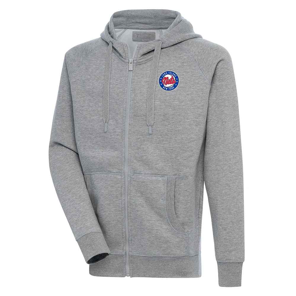 Men's Antigua Heather Gray Long Island Nets Victory Full-Zip Hoodie