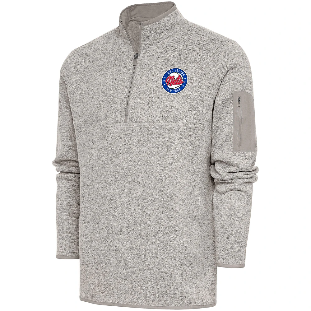 Men's Antigua Oatmeal Long Island Nets Fortune Quarter-Zip Pullover Jacket