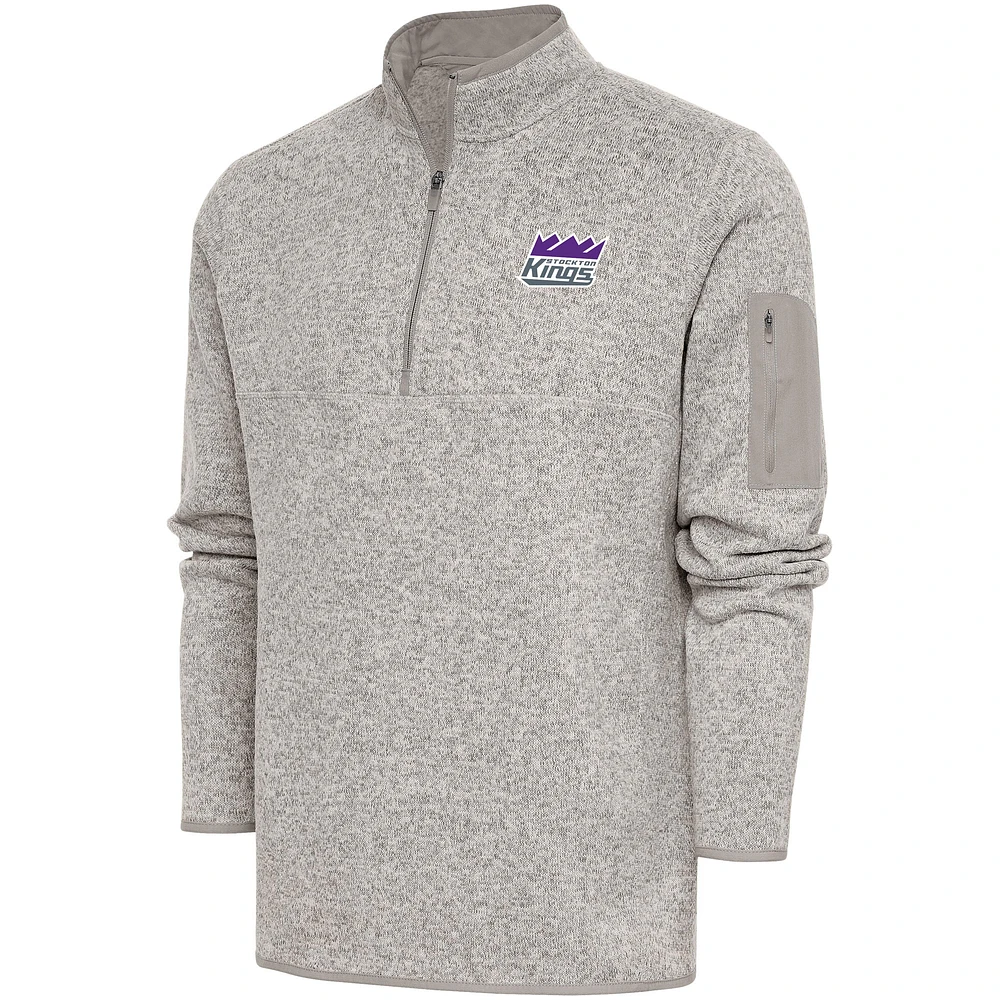 Men's Antigua Oatmeal Stockton Kings Fortune Quarter-Zip Pullover Jacket
