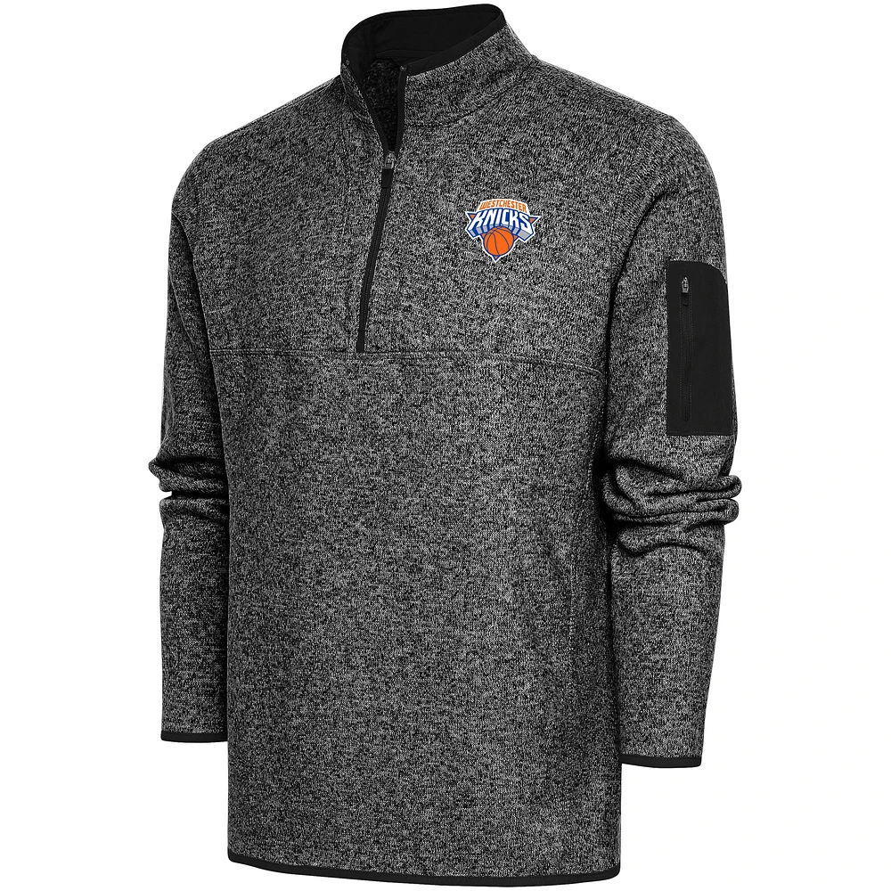 Men's Antigua Heather Black Westchester Knicks Fortune Quarter-Zip Pullover Jacket