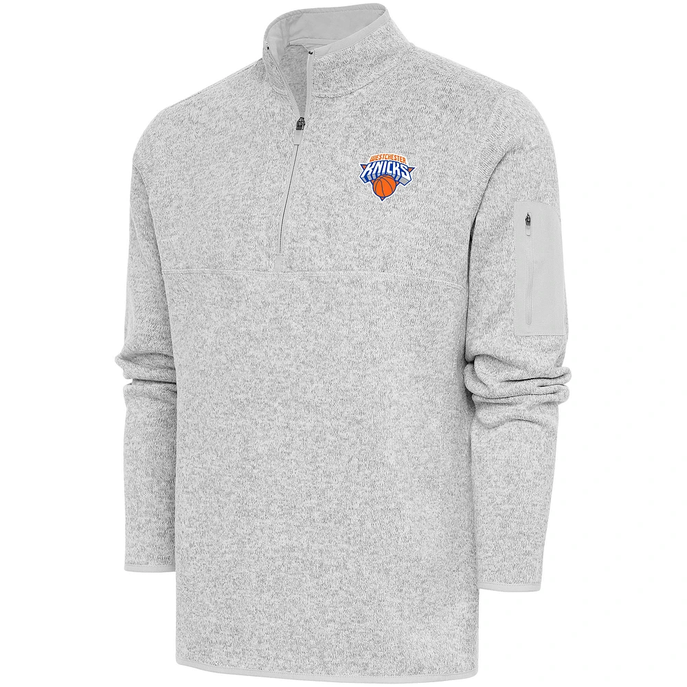 Men's Antigua Heather Gray Westchester Knicks Fortune Quarter-Zip Pullover Jacket