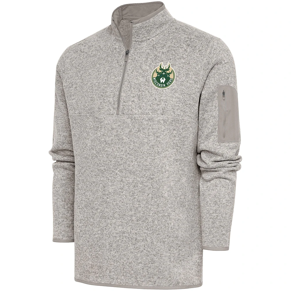 Men's Antigua Oatmeal Wisconsin Herd Fortune Quarter-Zip Pullover Jacket