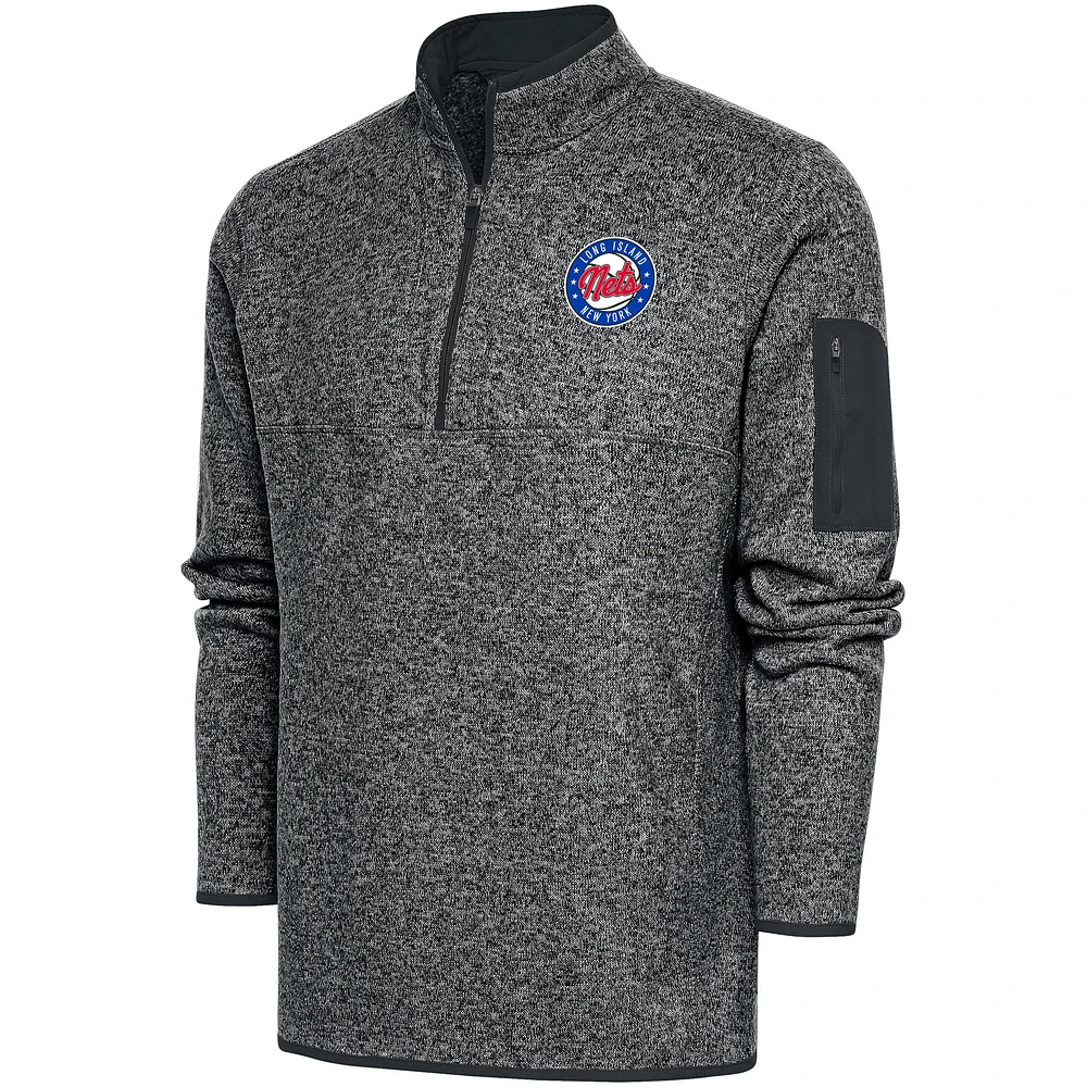 Men's Antigua Heather Charcoal Long Island Nets Big & Tall Fortune Quarter-Zip Pullover Jacket