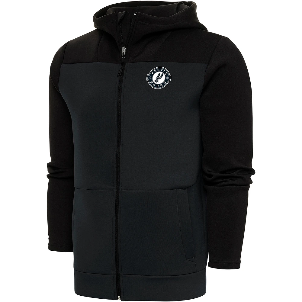 Men's Antigua Black Austin Spurs Protect Full-Zip Hoodie