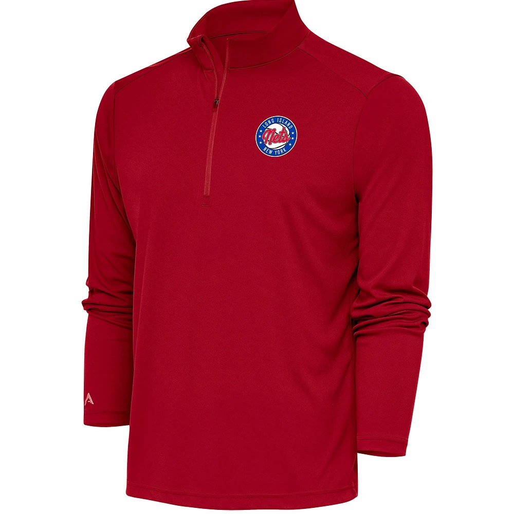 Men's Antigua Red Long Island Nets Tribute Quarter-Zip Pullover Top