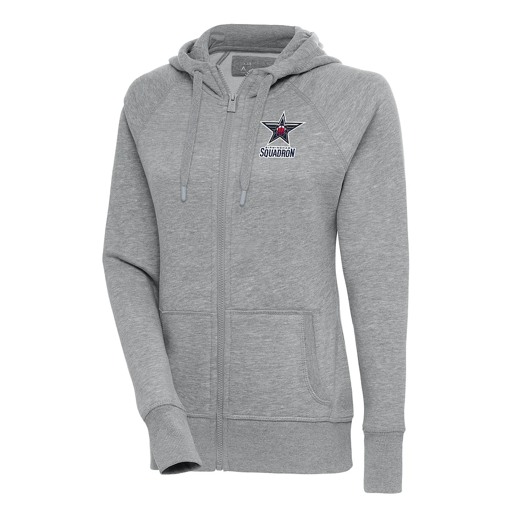 Women's Antigua Heather Gray Birmingham Squadron Victory Full-Zip Hoodie