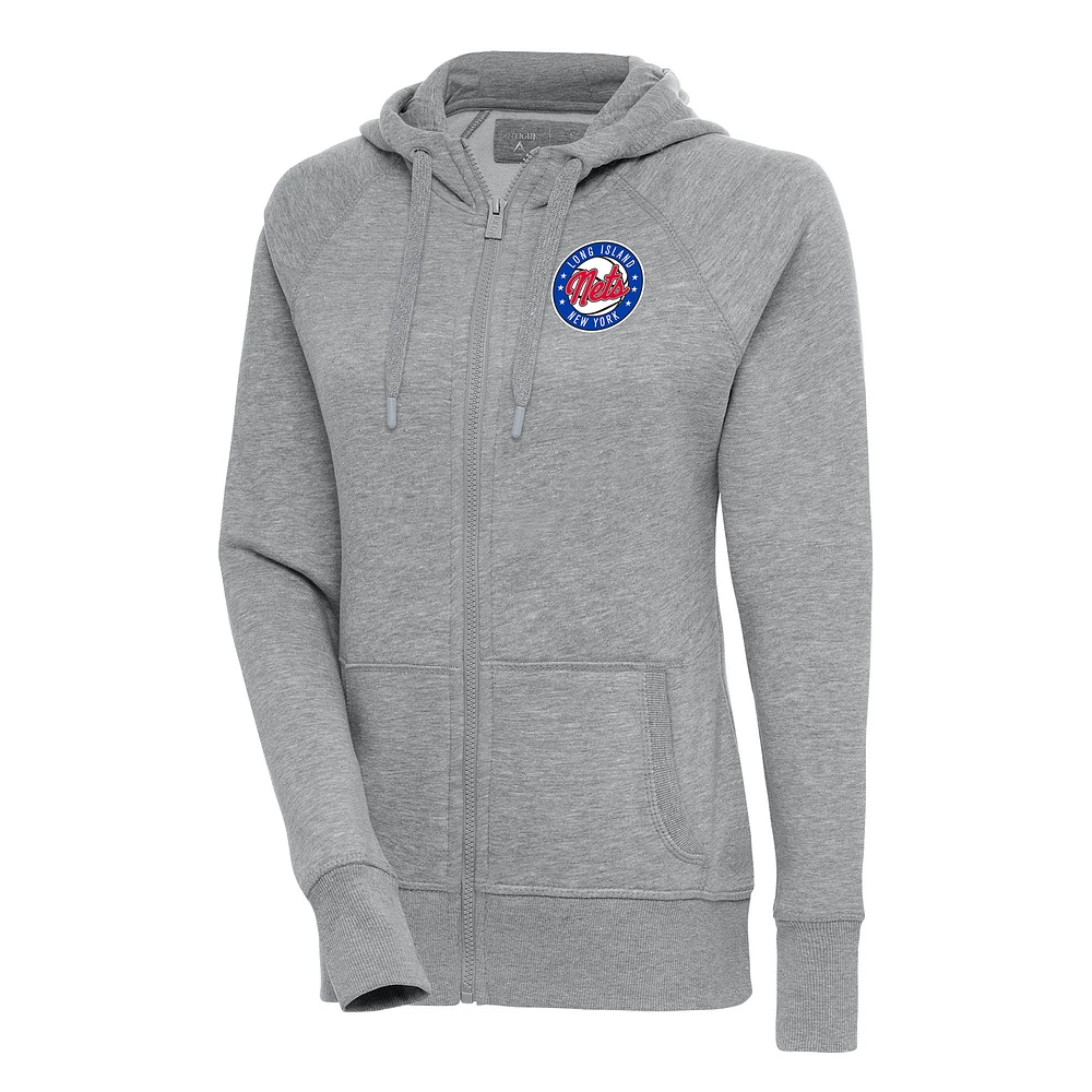 Women's Antigua Heather Gray Long Island Nets Victory Full-Zip Hoodie