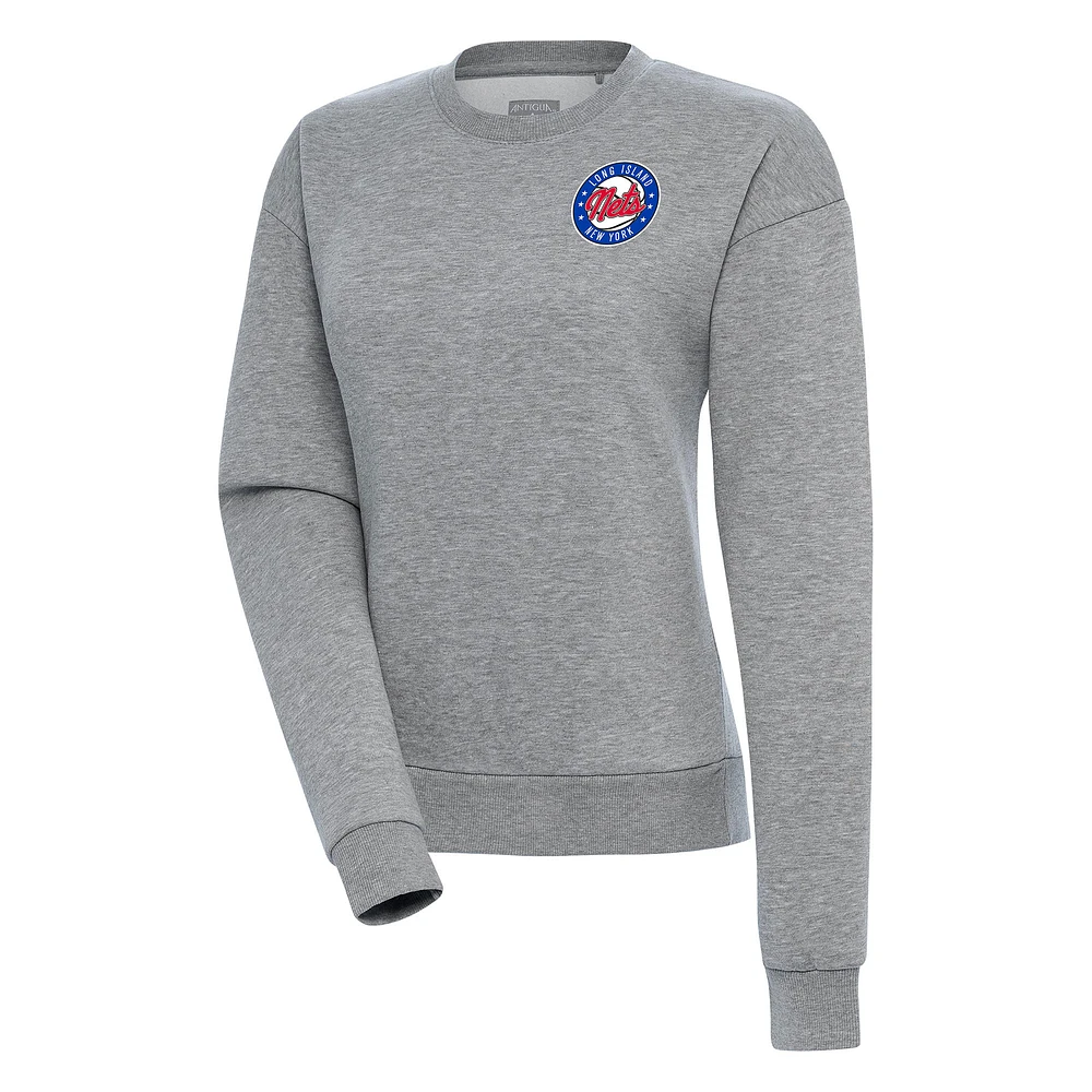 Women's Antigua Heather Gray Long Island Nets Victory Pullover Sweatshirt